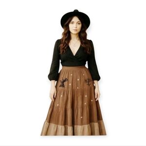 Vintage 90s Brown Handmade Embroidered Tiered Maxi Skirt Small Vintage Boho